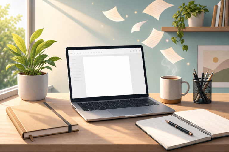A tidy home office desk with a laptop, notebooks, coffee mug, pen holder, and potted plants in sunlight