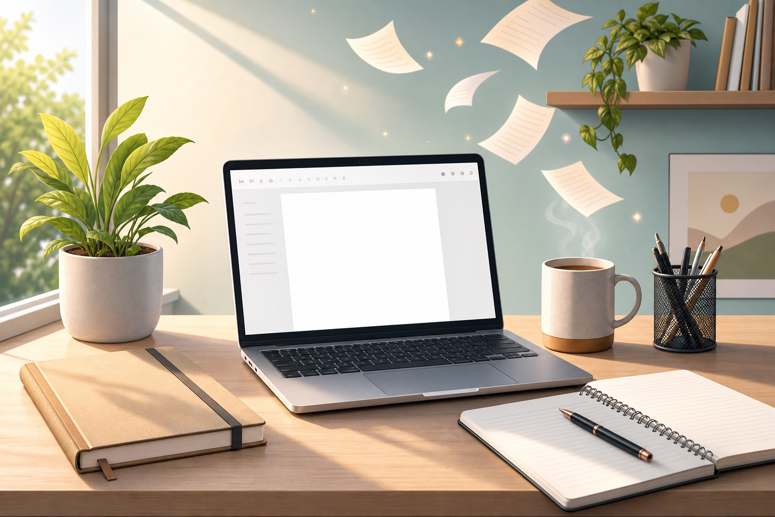 A tidy home office desk with a laptop, notebooks, coffee mug, pen holder, and potted plants in sunlight